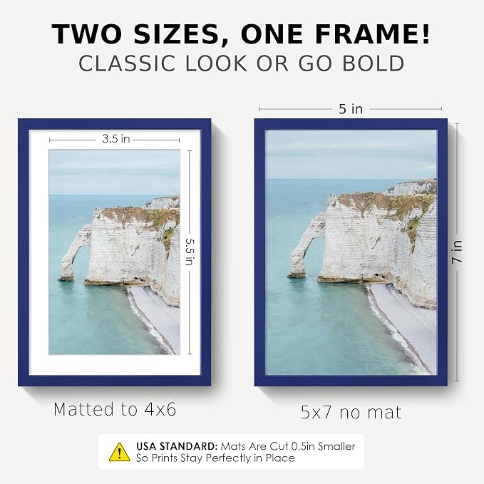 5x7 Picture Frame for 4x6 Photo, Minimalist Aluminum Frame, Navy Blue | Sleek Metal Wall Frame for Gallery, Desk, or Gift Giving | Shatterproof Glass & Wall Kit