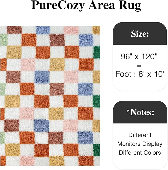 PureCozy Checkered Rug 8x10 for Living Room, Modern Neutral Shag Rug Washable Non-Slip Large Area Rug Super Soft Indoor Fuzzy Carpet Fluffy Rugs for Bedroom Home Aesthetic Decor
