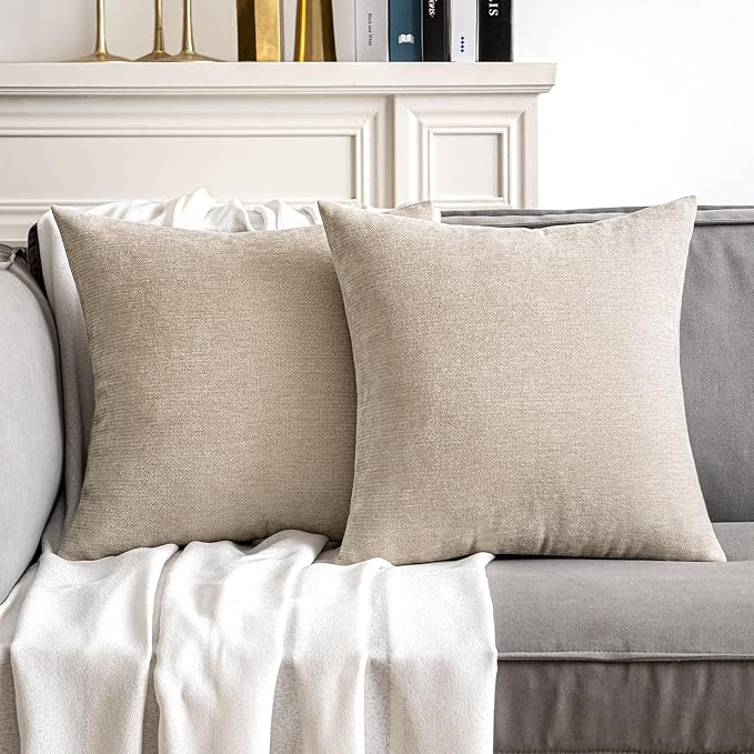 MIULEE Pack of 2 Beige Decorative Pillow Covers 16x16 Inch | Soft Chenille Couch Throw Pillows Farmhouse Cushion Covers for Home Decor Sofa Bedroom Living Room