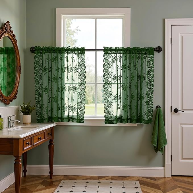 36 Inch Length Emerald Green Sheer Curtains Short 2 Panels Set Country Rustic Floral Hunter Green Lace Kitchen Window Curtains Over Sink, Rod Pocket Privacy Forest Green Lace Café Curtain, 42x36 Inch