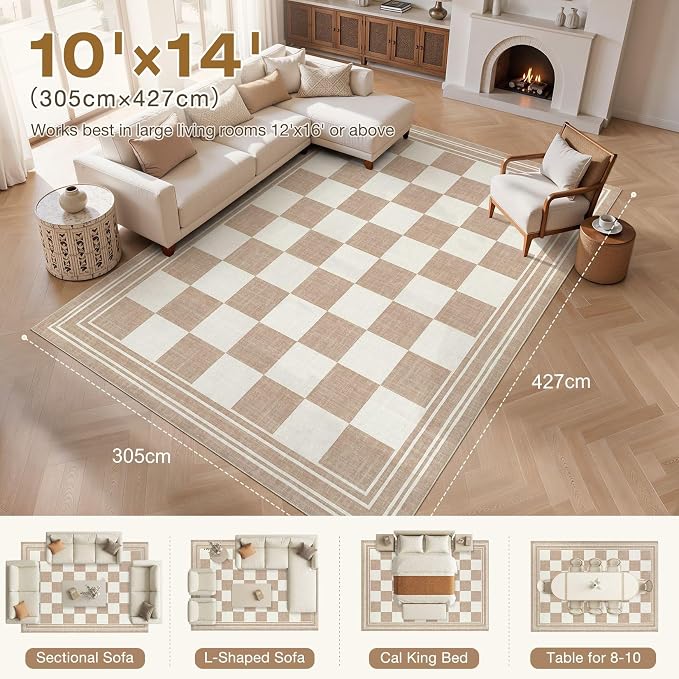 cotiled Washable Area Rugs 10x14 Living Room | Non Slip Backing, Stain Resistant, Pet Friendly, Large Neutral Soft Indoor Carpet For Bedroom, Nursery, Office, Khaki/Brown