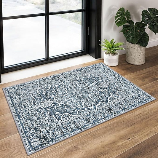 KUTA Entryway Rugs Indoor Non-Slip Washable Small Area Rug 2x3 Blue Entrance Carpet Soft Printed Vintage Floral Distressed Tribal Farmhouse Low-Pile Door Mat for Bedroom Kitchen