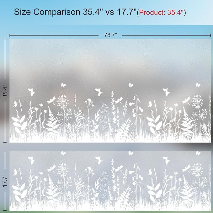 Window Privacy Film 35.4" x 78.7", Frosted Glass Window Film with Floral Pattern Decorative Privacy Window Film Static Cling No Glue Light Filtering UV Blocking for Home Bathroom Office