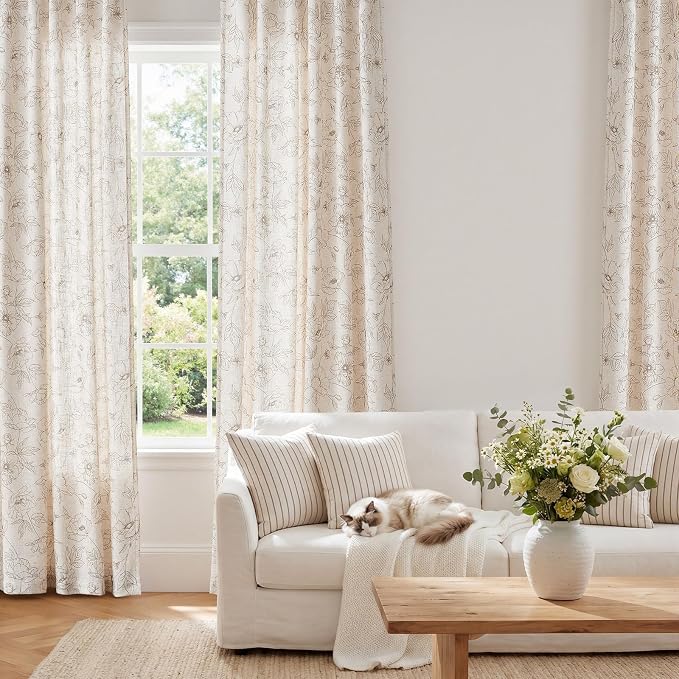 jinchan Floral Linen Curtains for Living Room 63 Inch Length Taupe Flower Curtain Rod Pocket Back Tab Farmhouse Curtains with Printed Floral Bedroom Window Curtain Set, 2 Panels Taupe