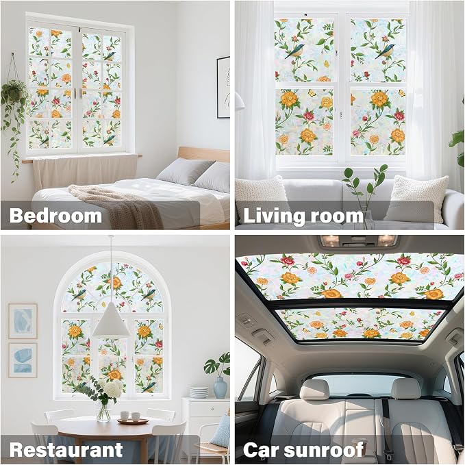 Donox Stained Glass Window Film, Floral Pattern Rainbow Light Decorative Cling, UV Block Privacy Film, Static Cling Removable No Glue for Living Room Home Office, 35.4 x 157.4 Inches