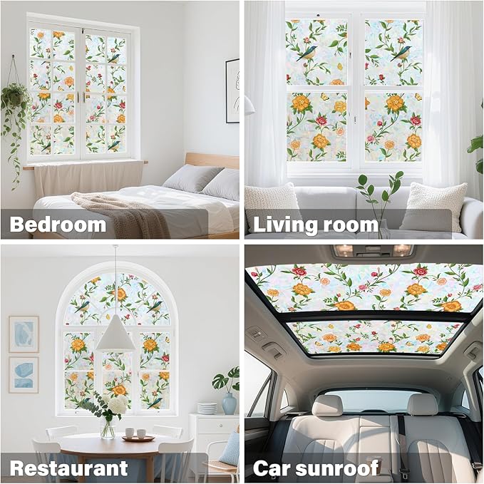 Donox Stained Glass Window Film, Floral Pattern Rainbow Light Decorative Cling, UV Block Privacy Film, Static Cling Removable No Glue for Living Room Home Office, 17.5 x 157.4 Inches