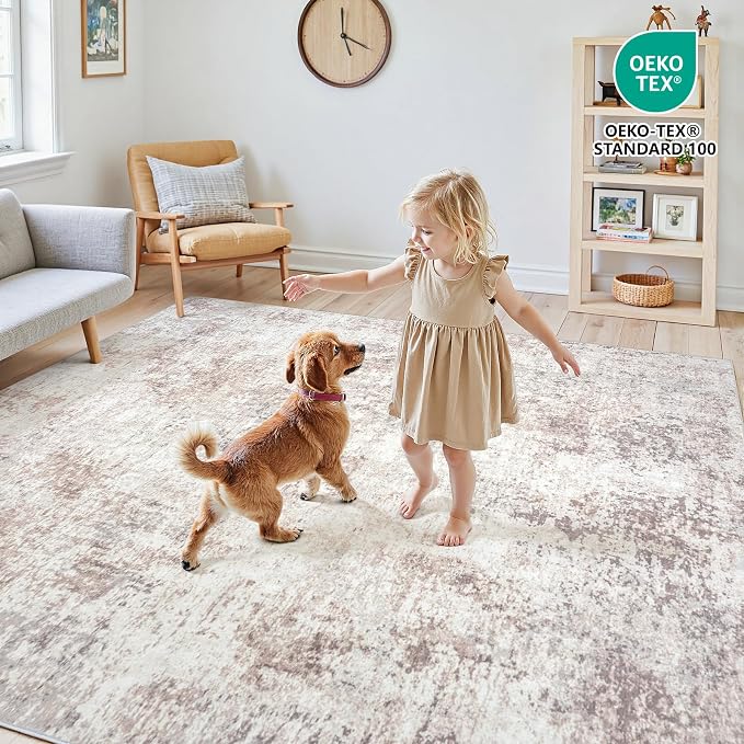 Area Rugs 8x10 Living Room: Large Soft Washable Rug Modern Abstract Anti-Skid Non-Shedding Carpet Indoor Floor Thin Carpets for Bedroom Dining Room Farmhouse Nursery Home Office Beige Grey
