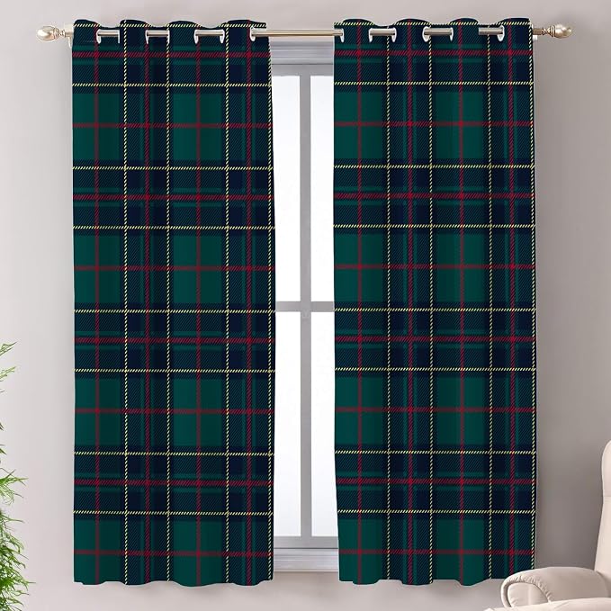 Shrahala Tartan Plaid Blackout Window Curtains, Green Scottish Fabric Kilt Twill Woven Thermal Insulated Curtains Grommet Top Window Drapes for Living Room, Bedroom (2 Panels,52 x 63 in)