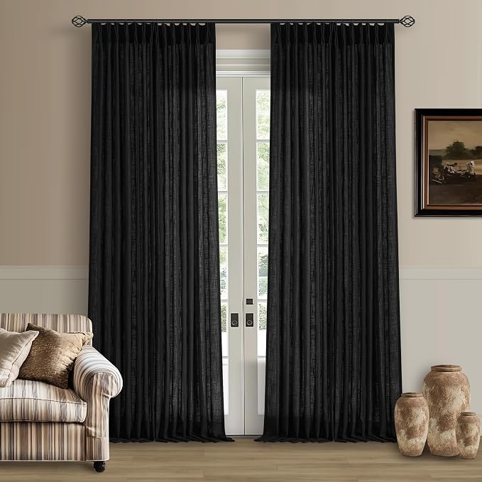 Linen Curtains 108 Inches Long 2 Panels Set for Living Room Farmhouse Boho Linen Textured Pinch Pleated Memory Shape Light Filtering Ceiling Semi Sheer 108 Inch Window Curtain with Hook Rings Black