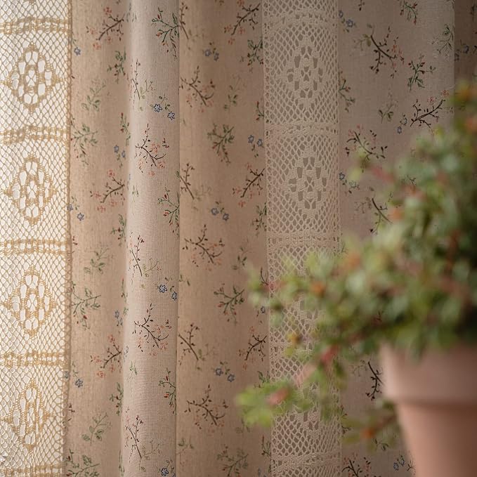 OYX Floral Farmhouse Curtains 96 Inches Long Semi-Blackout Living Room Drapes Cotton Linen Blend Bohemian Window Curtain Panels with Tassel Beige Rod Pocket Bedroom Drapes, 2 Panel