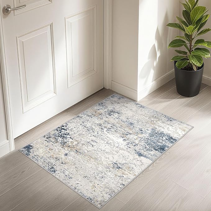 DMOYEST 2x3 Entryway Area Rug: Washable Neutral Modern Abstract Small Rug - Non-Slip Low Pile Throw Indoor Carpet for Entrance Kitchen Front Door Mat Bathroom Entry Kids Room - Beige Blue