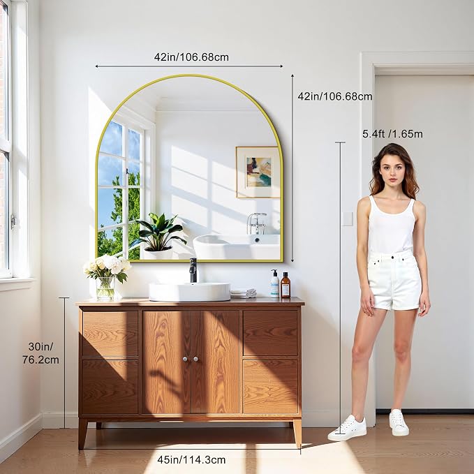 CIRCUMI Arched Wall Mirror, 42"x42" Gold Arched Mirror with Tempered Glass, Metal Frame, Large Size for Entryway Table, Mantel,Living Room,Over Sink,Arch Mirror for Decor,Shatterproof&Crystal-Clear