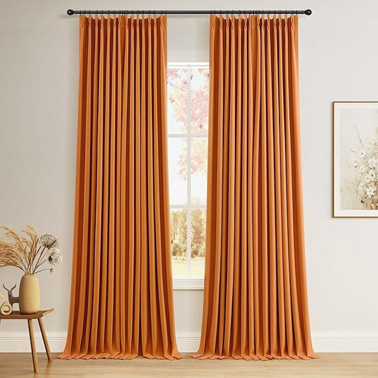 Joywell Orange 100% Blackout Pinch Pleat Linen Curtains 110 Inch 2 Panels Insulated Thermal Fall Blackout Drapes for Bedroom Living Room Darkening Cottage Farmhouse Pinch Pleated Curtains 40x110