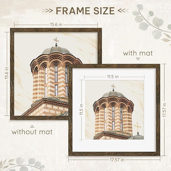 Picrit 16x16 Picture Frame 3 Pack, Wooden Brown Rustic Poster Frame, Display Poster 12 x 12 with Mat or 16 x 16 without Mat for Horizontal or Vertical Wall Mounting