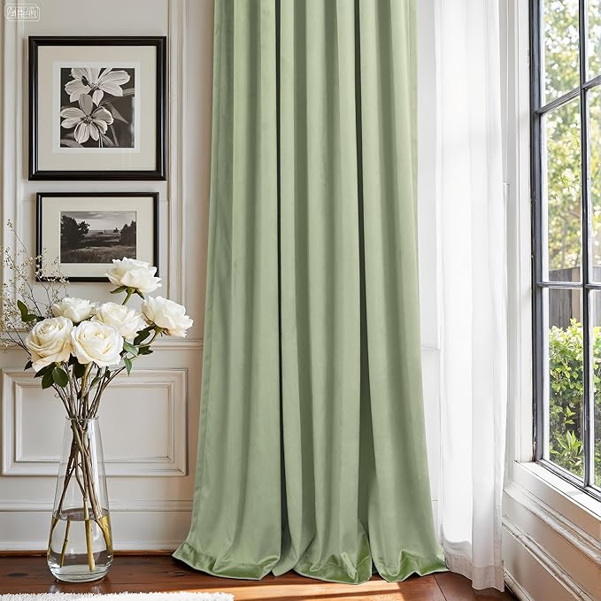 Light Sage Velvet Curtains 108 Inch Long 2 Panel Set for Patio Door Bedroom Darkening Soundproof Sage Green Boho Drapes Thermal Curtain for Winter Insulated Living Room Christmas Decorative 108 Length