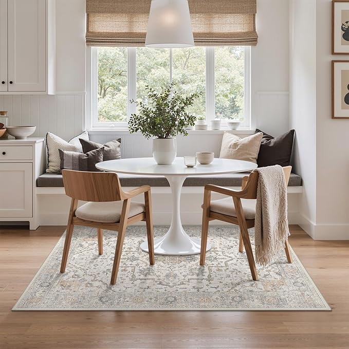 GENIMO 5x7 Area Rugs for Living Room, Machine Washable Non Slip Vintage Rugs, Low Pile Lightweight Chenille Print Rug for Bedroom, Dining Room, Home Office, Gray Brown