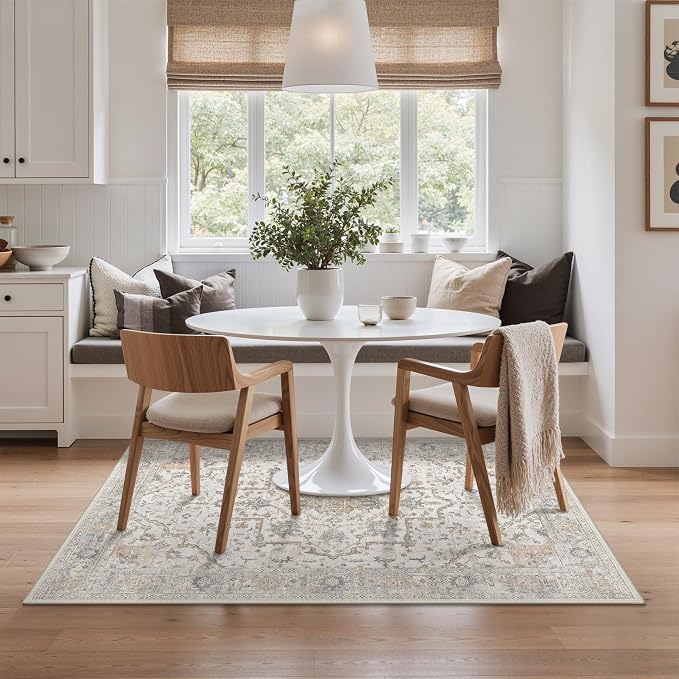 GENIMO 5x7 Area Rugs for Living Room, Machine Washable Non Slip Vintage Rugs, Low Pile Lightweight Chenille Print Rug for Bedroom, Dining Room, Home Office, Gray Brown