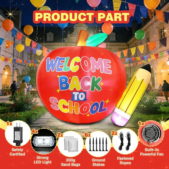 6.7 FT Long Back to School Inflatables Outdoor Decorations, Apple & Pencil Blow up Yard Decor with LED Lights, First Day of School Welcome Decoration for Preschool Kindergarten Party Indoor Lawn Patio
