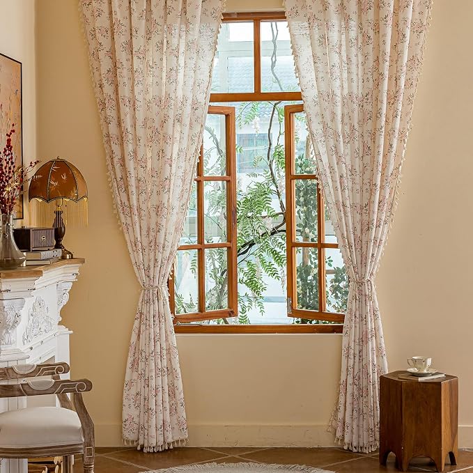 OYX Pink Floral Curtains for Girls Room 2 Panels, Linen Curtains 96 Inch Length with Flower Pattern Light Filtering Window Privacy Curtains for Living Room Boho Farmhouse Vintage, Each 52 Inch Wide
