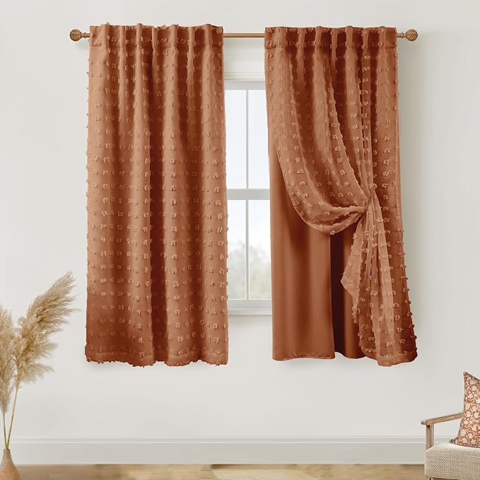 Rustic Retro Black Out Curtains 63 Inch Long for Bedroom Windows,Room Darkening Boho Terracotta Fun Pattern Funky Blackout Lined with Sheer Curtains 63 Inch Length for Living Room 2 Panels Set