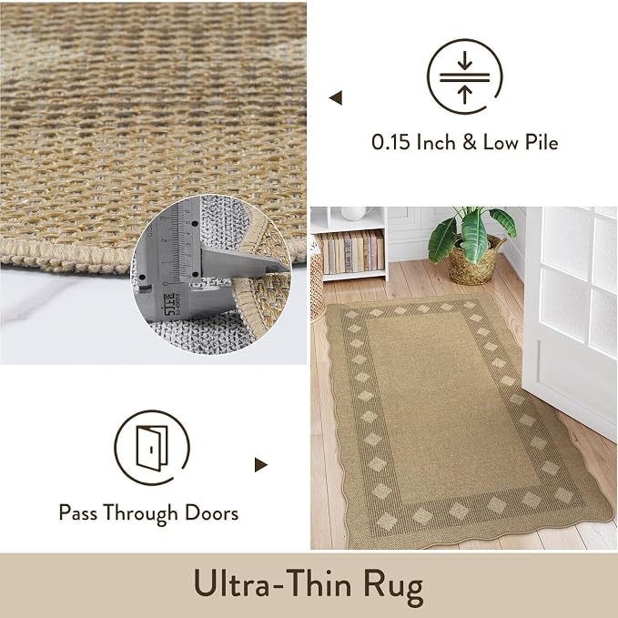 LIVEBOX Scalloped Easy Jute Diamond 3x5 Outdoor Rug, Washable Non-Slip Tan Rugs for Entryway, Geometric Checkered Indoor Outdoor Rug Farmhouse Carpet Door Mat for Patio Porch Bedroom Living Room