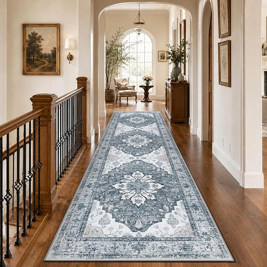 RELEANY Area Rugs Runner 3'x10' Washable Non-Slip, Floral Vintage Distress Medallion Carpet for Kitchen Hallway Bedroom Beside Laundry Room Bathroom, Light Gray Grey White