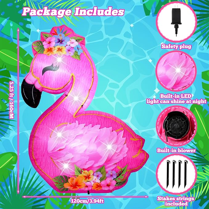 VIHOSE 5.5 ft Summer Pool Party Decorations, Inflatable Flamingo Outdoor Decoration Built-in LED Lights Blow up Pink Flamingo for Yard Garden Birthday Luau Beach Pool Party