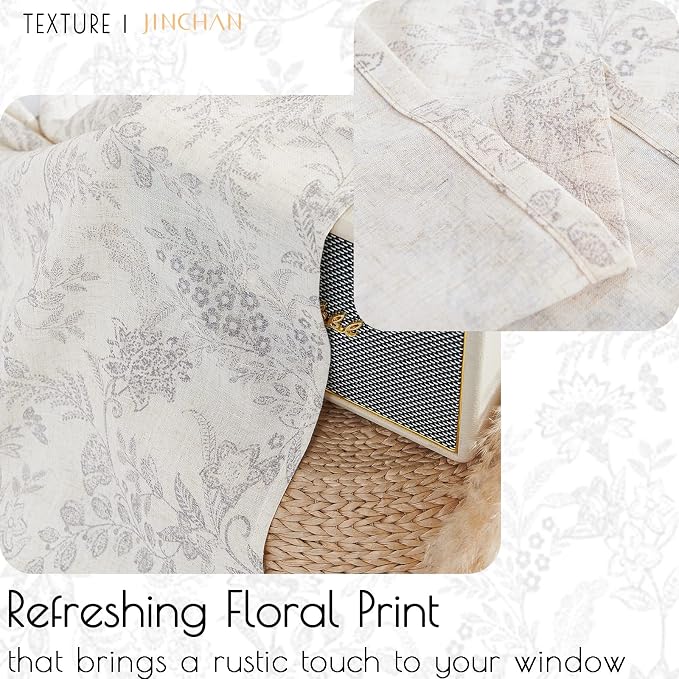JINCHAN Linen Valance Curtain Farmhouse Grey Floral Printed Small Window Curtain for Kitchen Rustic Country Light Filtering Valance for Living Room Bedroom 16 Inch Rod Pocket 1 Panel Tan Gray on Beige