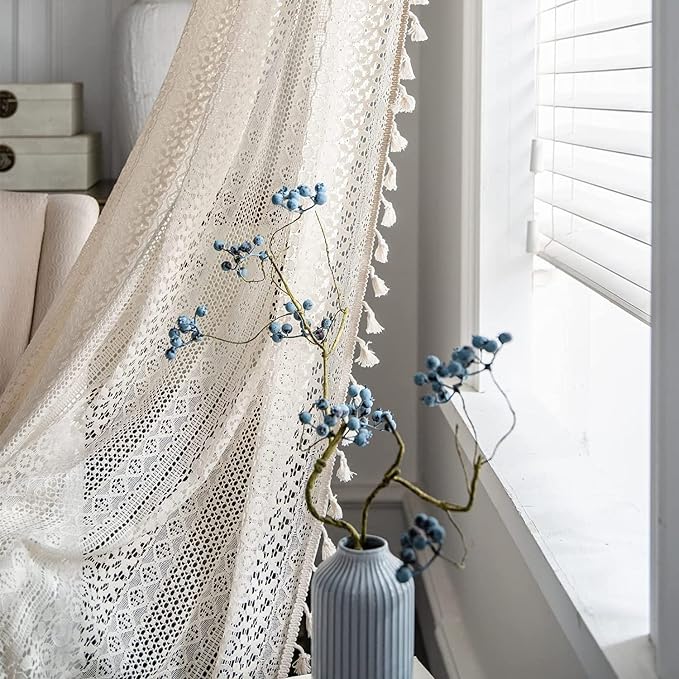 Sutuo Home Boho Sheer Curtain 108 Inches Long, Crochet Lace with Bohemian Hollow Knitted Handmade Tassels,Vintage Farmhouse Window Treatment for Bedroom, Rod Pocket, 1 Panel 59" W x 108" L, Beige