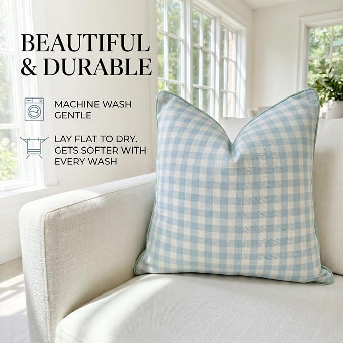 Jillien Harbor “The Charlie” Decorative Pillow Cover – Blue and White Accent Pillow Cover with Gingham-Inspired Design – Grandmillennial Home Decor, 20" x 20"