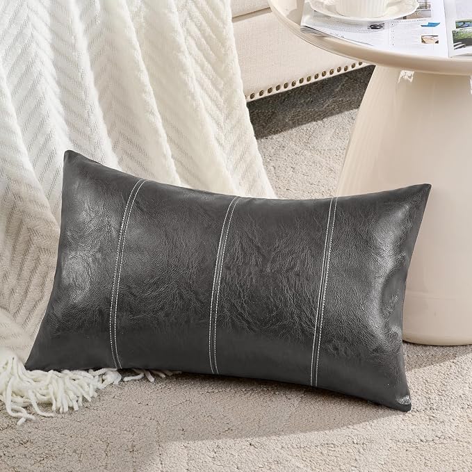 Fancy Homi Dark Gray Lumbar Waterproof Faux Leather Decorative Throw Pillow Covers 12x20 Inch for Outdoor Couch Bed, Modern Farmhouse Boho Home Decor, Charcoal Gray Hand Stitched Cushion Case 30x50 cm