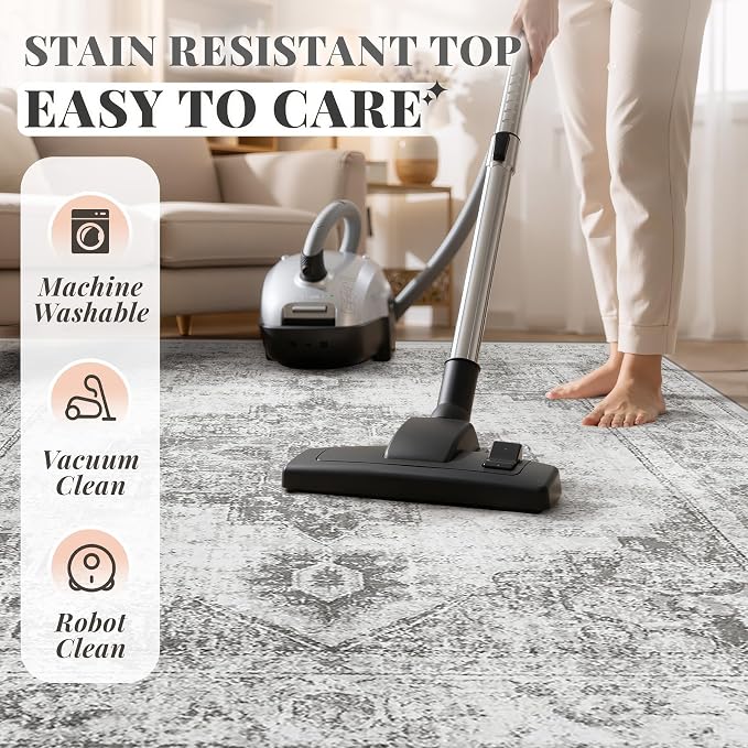 Area Rug 4x6 Vintage Rugs: Washable Indoor Medallion Rug Low Pile Distressed Floor Carpet Retro Accent Rugs for Living Room Bedroom Kitchen Dining Table Home Office(Grey, 4'x6')