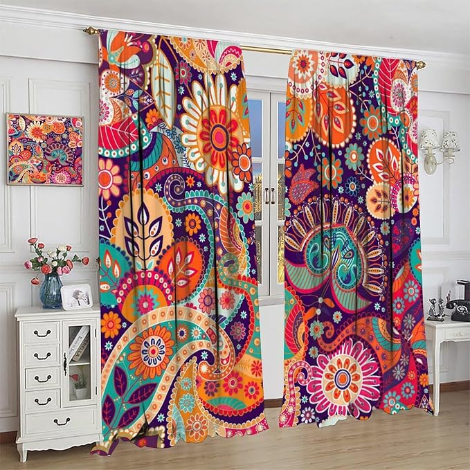 Colorful Floral Bohemian Curtains, Tribal Ethnic Geometric Abstract Patterns, Blackout Curtains for Bedroom Living Room63X72 Inch