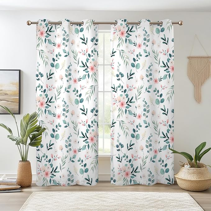 Renaiss Boho Floral Blackout Curtains, Bohemian Flower Plant Print Thermal Insulated Bedroom Window Curtains, Botanical Art Window Curtains for Kitchen, 108" L x 53" W 2 Panel Set