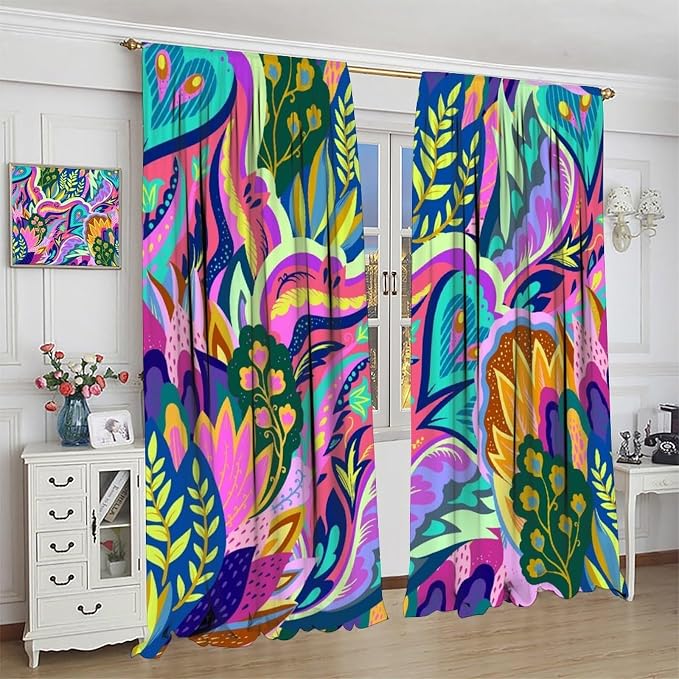 Vintage Dreamy Black Blackout Curtains Featuring Vibrant Bohemian Floral and Swirl Patterns, Ideal for Heat Insulation and Noise Reduction in Bedrooms and Living Rooms84X84 Inch
