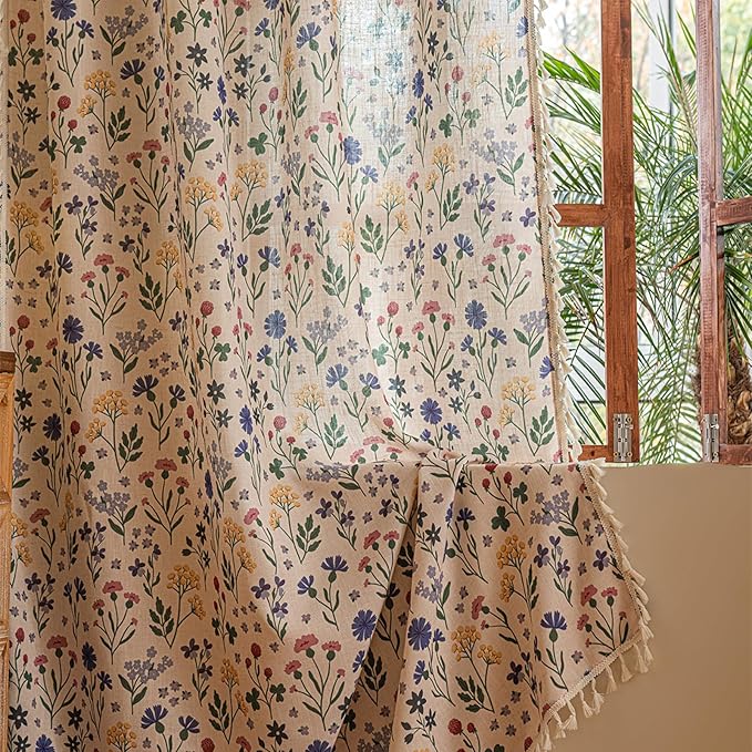 Deeprove Sheer Boho Floral Curtains 84 Inches Long Set of 2 Panels with Cream Tassels, Herbs Print Textured Window Drapes for Living Room Bedroom Light Filter Country Style Privacy, 52W x 84L