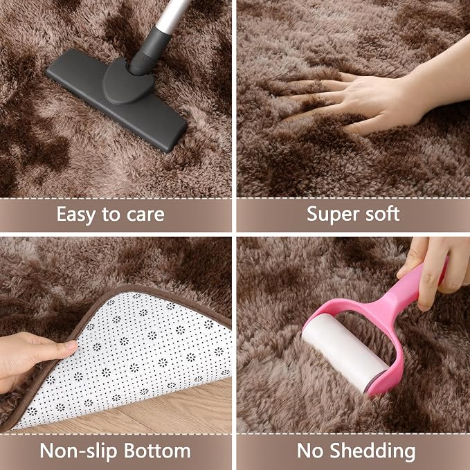 AROGAN Shag Brown Area Rug for Bedroom, 4x6 Feet Washable Non-Slip Modern Indoor Floor Carpet, Plush Memory Foam Beside Rug for Kids Girls Teens Room Low Pile Decor, Coffee