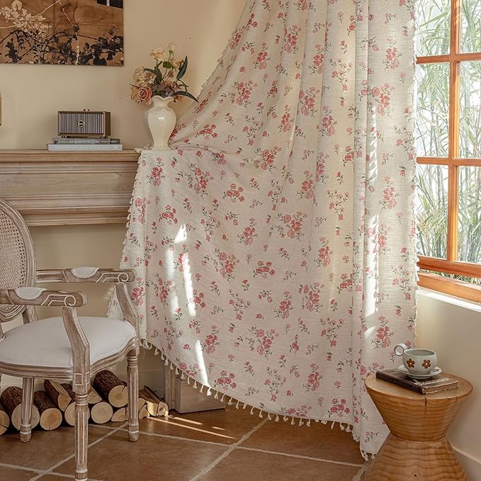 OYX Pink Boho Floral Curtains 63 Inch Long 2 panels, French Vintage Farmhouse Patterned Decor Window Drapes With Tassels, Girls Semi-Sheer Light Filtering For Bedroom Living Room (Rod Pocket, 52Wx63L)