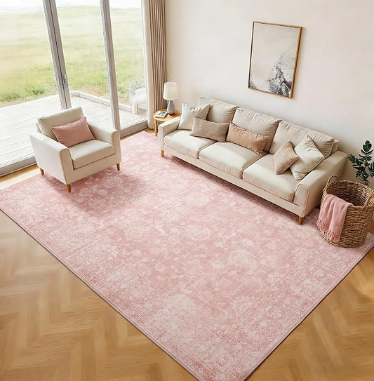 FROZZUR Boho Pink Area Rug 8x10 Large Vintage Rug for Living Room Bedroom Dining Table, Non Slip Distressed Washable Rugs for Home Office Decor Pink