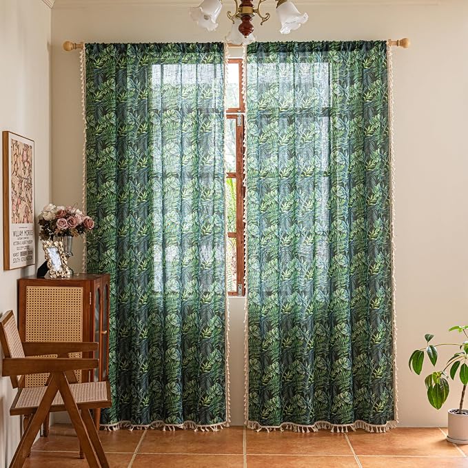 Deeprove Boho Curtains Tropical Botanical Leaves Print 63 Inches Long Fringes Natural Rainforest Plant Window Treatments for Summer Bedroom Aesthetic Privacy 2 Panels Pair 52W x 63L