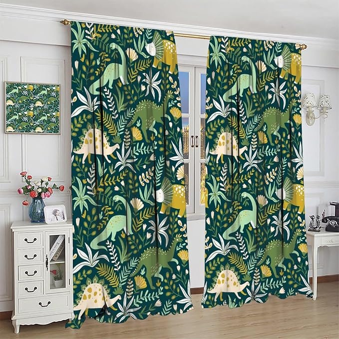 YCness Tropical Dinosaur Curtains for Boys Girls Children Nursery Playroom Room Decor Cute Cartoon Dino Flowers Art Printed Window Drapes Decor Fabric Set 2 Panel 72x63 Inch 80% Shading Rate