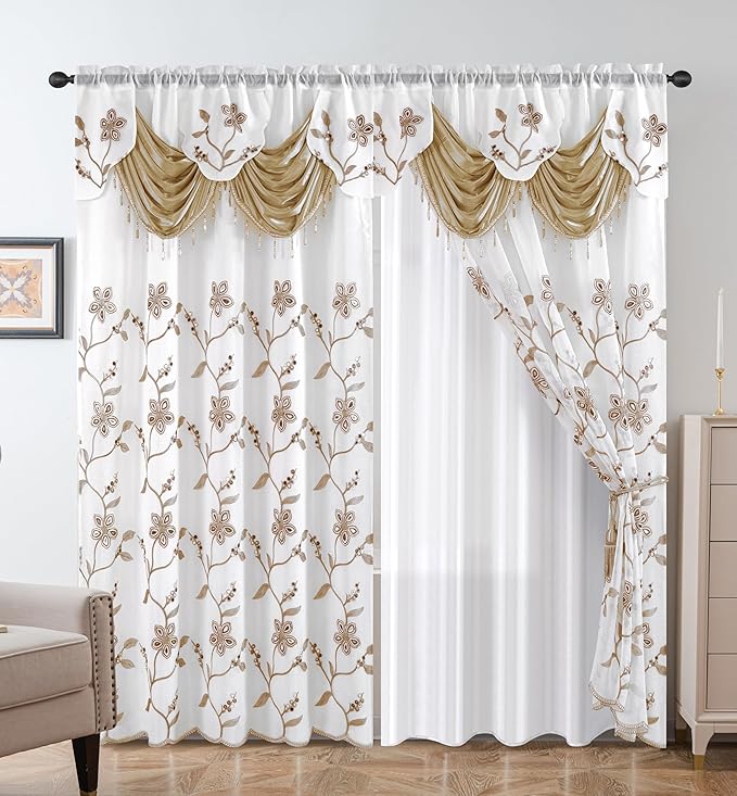 Petrichor Embroidered Sheer Curtain 2 Panels Set - Luxury Window Curtain Attached Valance with Satin Backing and 2 Tie Backs for Living Room,Dining Room, 54x95 inches, Taupe