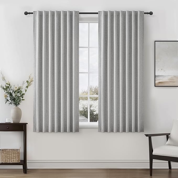 Grey 100% Blackout Curtains 45 Inches Long 2 Panels Set, Short Linen Heat Blocking Drapes 46 Inch Small Window Decor for Kitchen Bedroom Bathroom Thermal Insulated Textured Hook Belt(W50"xL45",Gray)