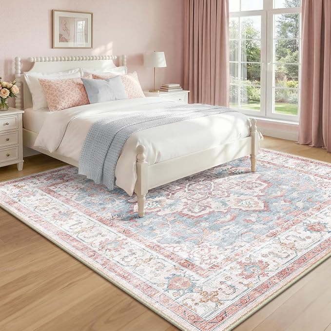 CAPALOCA Machine Washable Rugs Nursery Rug Sq6ft Cute Girl Non Slip Low Pile Water Repellent Soft Print Pattern for Bedroom Indoor Decor Kids Playroom Pink Blue