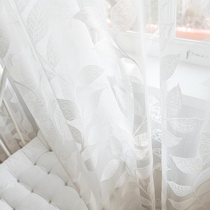 Treatmentex Lace White Sheer Curtains for Living Room 84inch Vintage Botanical Floral Leaf Semi Sheer Window Curtain Panel for Bedroom 54" W 2pcs Rod Pocket 7ft Floor Length