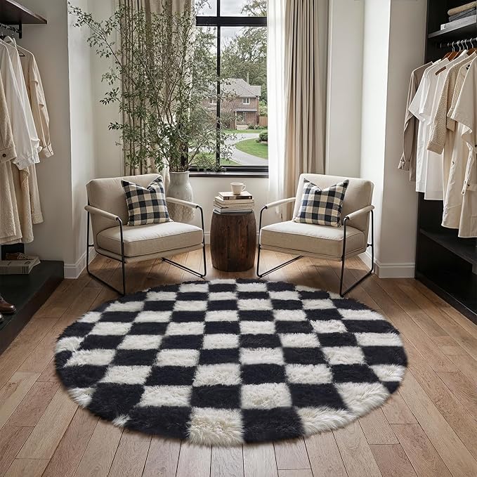 PureCozy Checkered Round Rugs 6ft for Living Room, Black and White Modern Shag Rugs Super Soft Washable Fluffy Indoor Office Carpet for Bedroom Home Dorm Aesthetic Decor