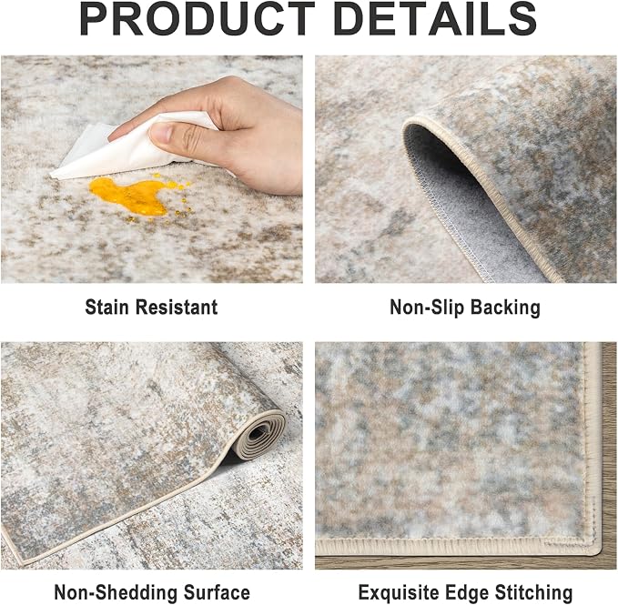 Area Rugs Living Room Rug - 5x7 Washable Modern Abstract Soft Neutral Non-Slip Carpet Large Indoor Floor Stain Resistant Thin Carpets for Bedroom Dining Room Farmhouse Nursery Home Office Brown Grey