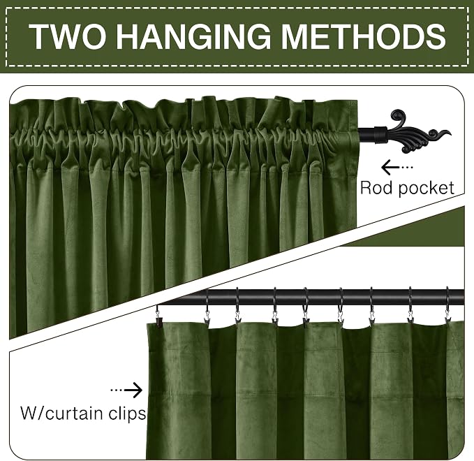 StangH 62 inches Wide Moss Green Thermal Door Curtains, 2 Panels | Noise Dampening Bedroom Window Drapes, 300GSM Soft Velvet, Christmas Holiday Decor, Thermal Insulated, Sliding Door, Gifts