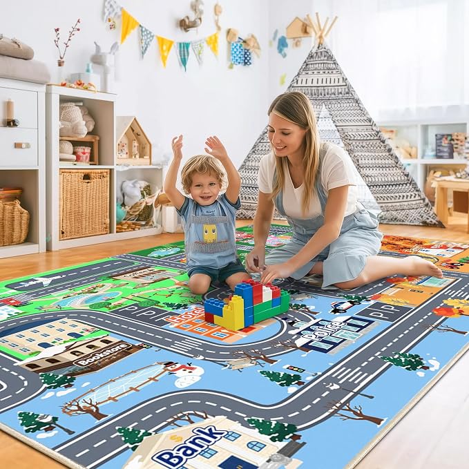 Car Rug Play Mat for Kids Toy Cars, 7' x 9' City Road Town Track Four Seasons Traffic Carpet, Non-Slip Washable Area Rug for Kids Room Bedroom Classroom Play Area, Fun Learning Carpet for Children