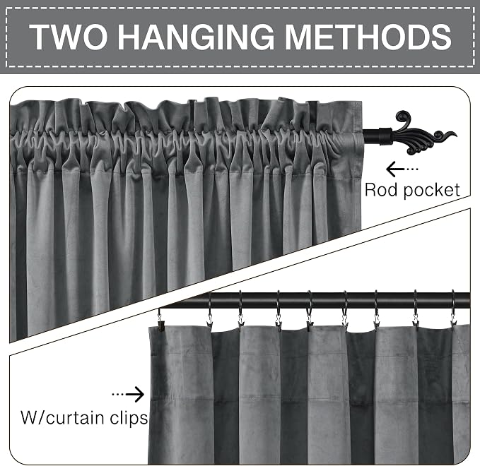 StangH Grey Velvet Curtains 84 inches Room Darkening Window Curtain Drapes for Living Room Thermal Insulated Privacy Panels for Bedroom/Office, W52 x L84, 2 Panels